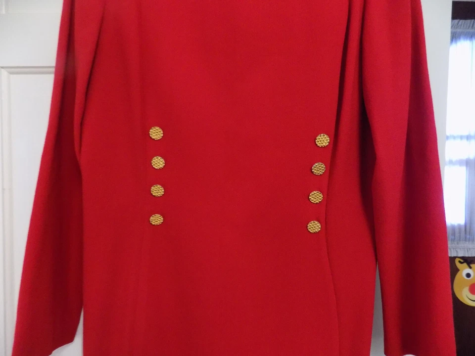 Vestido De Colección Bloomingdales Elegante Rojo Lana Worsted Militar Botones Dorados Talla 12 EE. UU. Foto 3 de 4