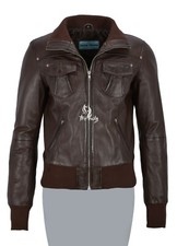 Atlantic Ladies Real Leather Bomber Jacket Brown Short Slim Fit Casual Blouson