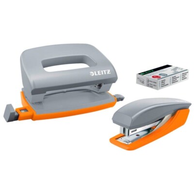 Leitz Büroset 3-tlg Locher & Heftgerät inkl. Klammern Urban Chic grau-orange