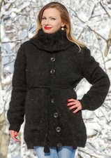 Black fuzzy mohair cardigan warm hand knit fluffy jacket with lining SuperTanya