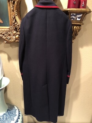 100% Authentic GUCCI Midnight Blue Red & Blue Web Wool Long Coat