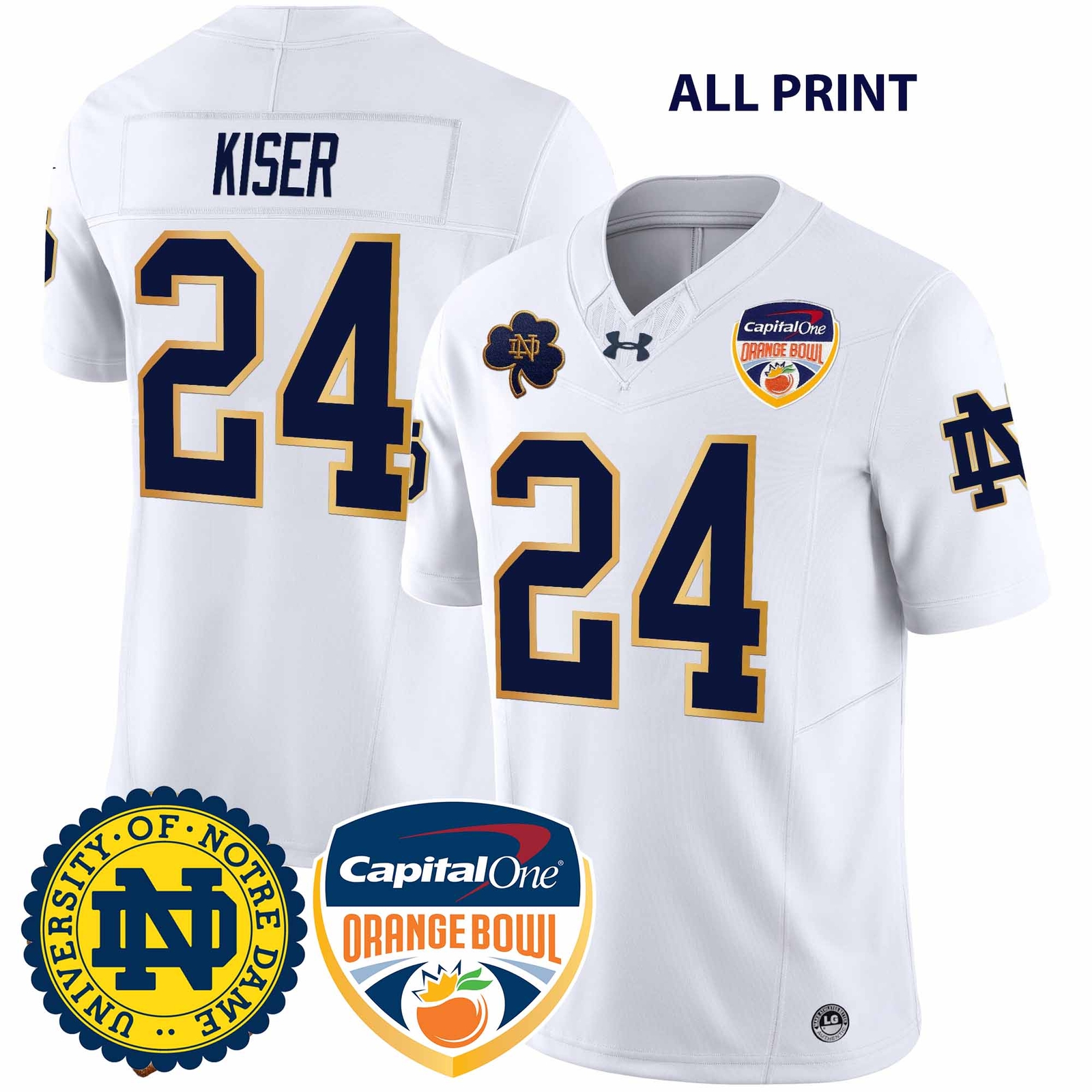 NotrexDameFightingxIrish #24 JackKiser 2024 OrangeBowl Football Jersey–All Print