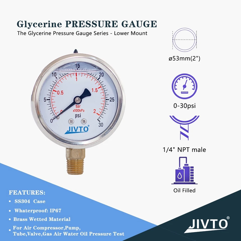 Pressure Gauge, liquid Filled, 2" Dia,0-30 psi, 1/4 NPT Lower Mount - image 2 of 4
