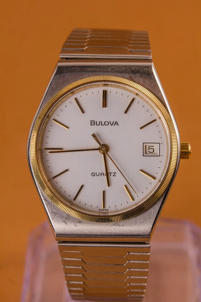 Bulova Integrated Bracelet Vintage 14k Solid Gold Two Tone Quartz Mens Watch