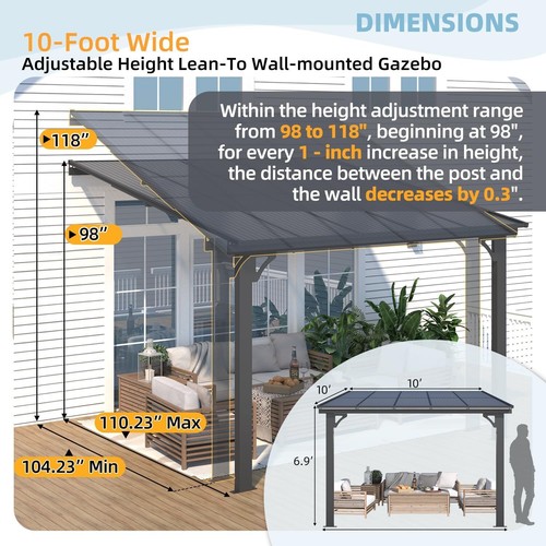 Outdoor Adjustable Height Gazebo for Patio, Large Metal Wall-Mounted Pergolas - Picture 3 of 35