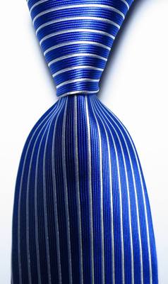 Men's Wide Stripe Blue & White Jacquard Silk Tie - Formal Necktie By Elfeves