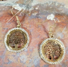Tree Of Life Pierced Earrings Gold Tone Hook Rhinestone Circle NEW