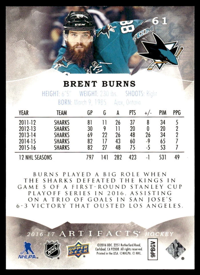 2016-17 Upper Deck Artifacts #61 Brent Burns San Jose Sharks Hockey Card - Image 2 of 2