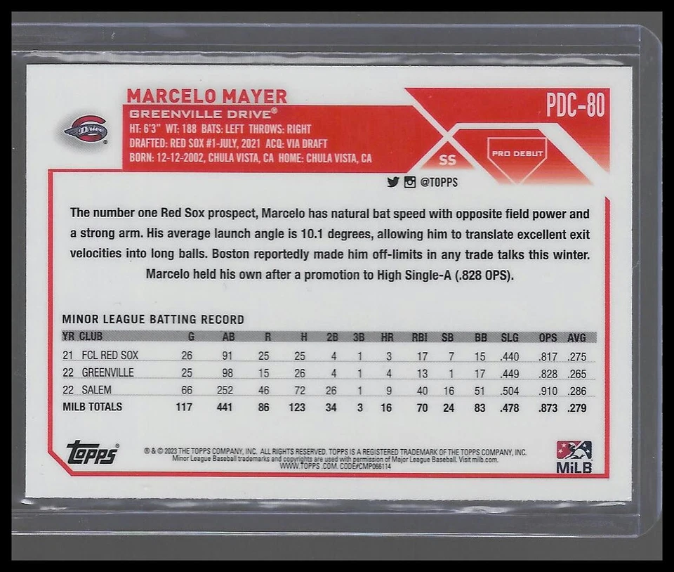 2023 Topps Pro Debut Chrome #PDC-80 Marcelo Mayer Greenville Drive - Image 2 of 2