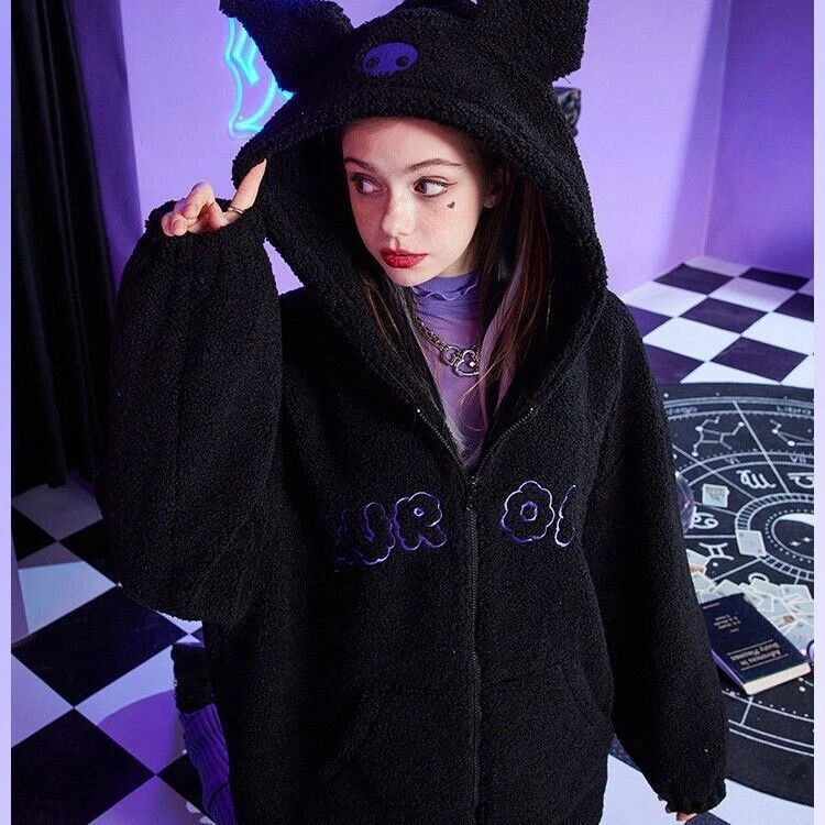 Kuromi Devil Causual Black Fleece Hooded Zipper Jacket Coat Girl Tops Sweatshirt - Image 4 of 4