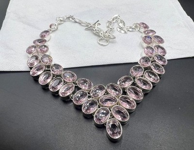 925 Sterling Silver Pink Kunzite Gemstone Handmade Jewelry Necklace Size-18''