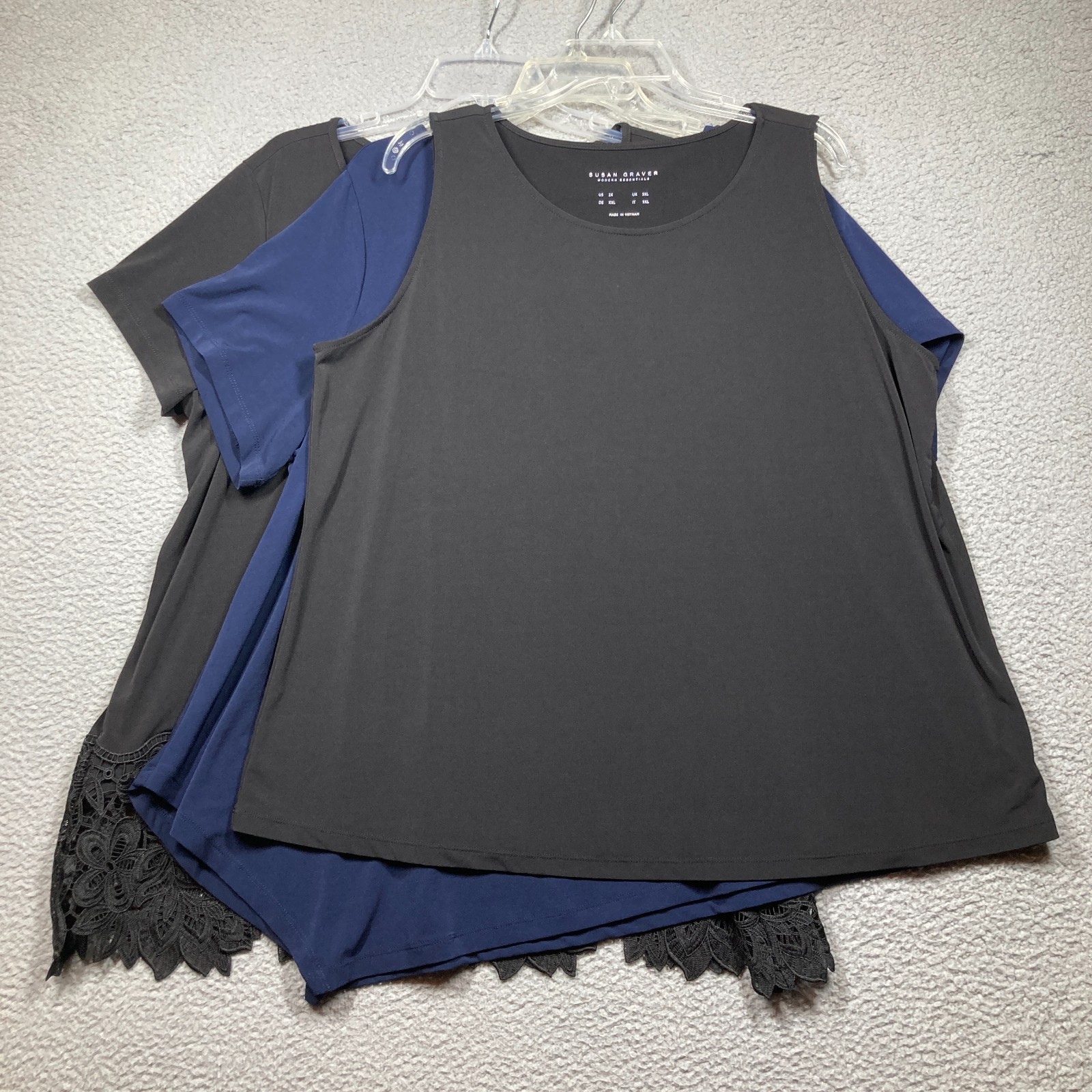 Susan Graver Tops Women’s 2X Lot of 3 Blue Black Liquid Knit Comfort Stretch
