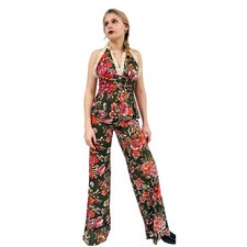 Vtg 70s Green Floral Slinky Halter Top Pant Set Eyelet Trim Lined Bust Peplum XS