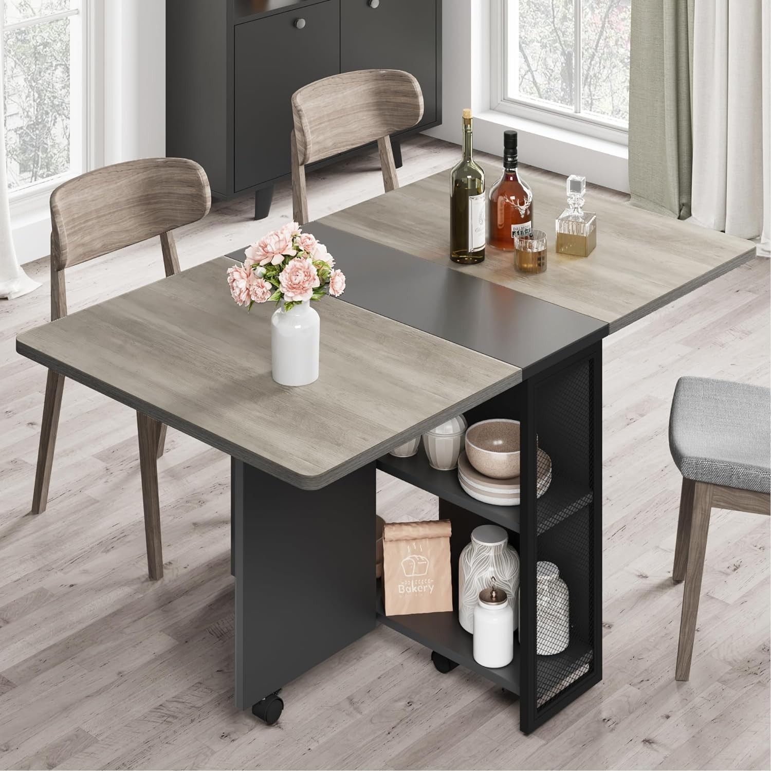 Foldable Kitchen Table, Drop Leaf Dining Table, Mobile Space Saving Table with Wheels, Wood Round Multifunction Desk, for Kitchen, Dining Room 25 Folding Dining Table Drop Leaf Expandable Kitchen Table Space Saving 6 Wheels