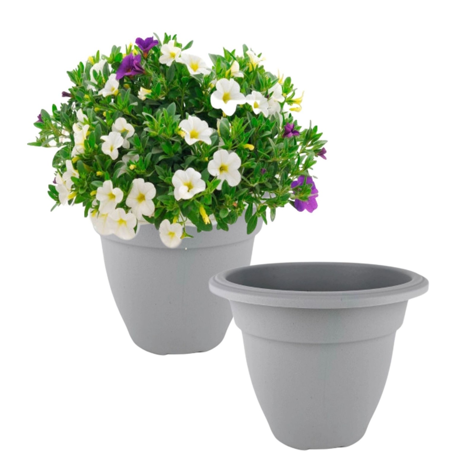 2 Grey Round Bell Plant Pots 30cm Plastic Bell Planter Traditional Patio Pot