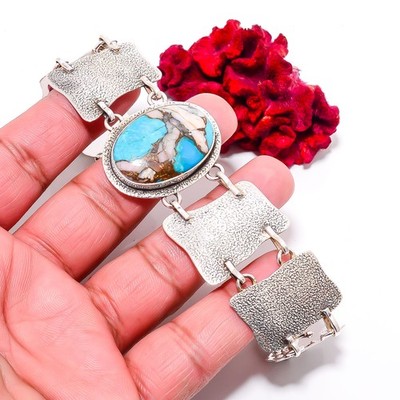 Copper Pink Opal Kingman Blue Turquoise 925 Textured Silver Bracelet 8.99'' B8475