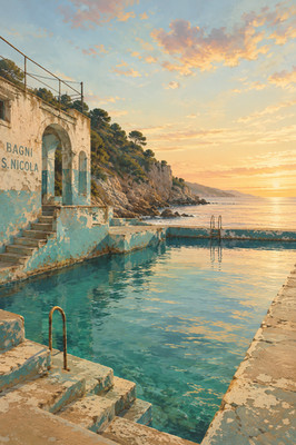 Mittelmeer Pool Strand Haus Sonnenuntergang Poster Druck gerahmte Leinwand Wandbild
