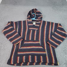 Baja Hoodie Mens XL Black Striped Mexican Poncho Hippie Pullover Boho Festival