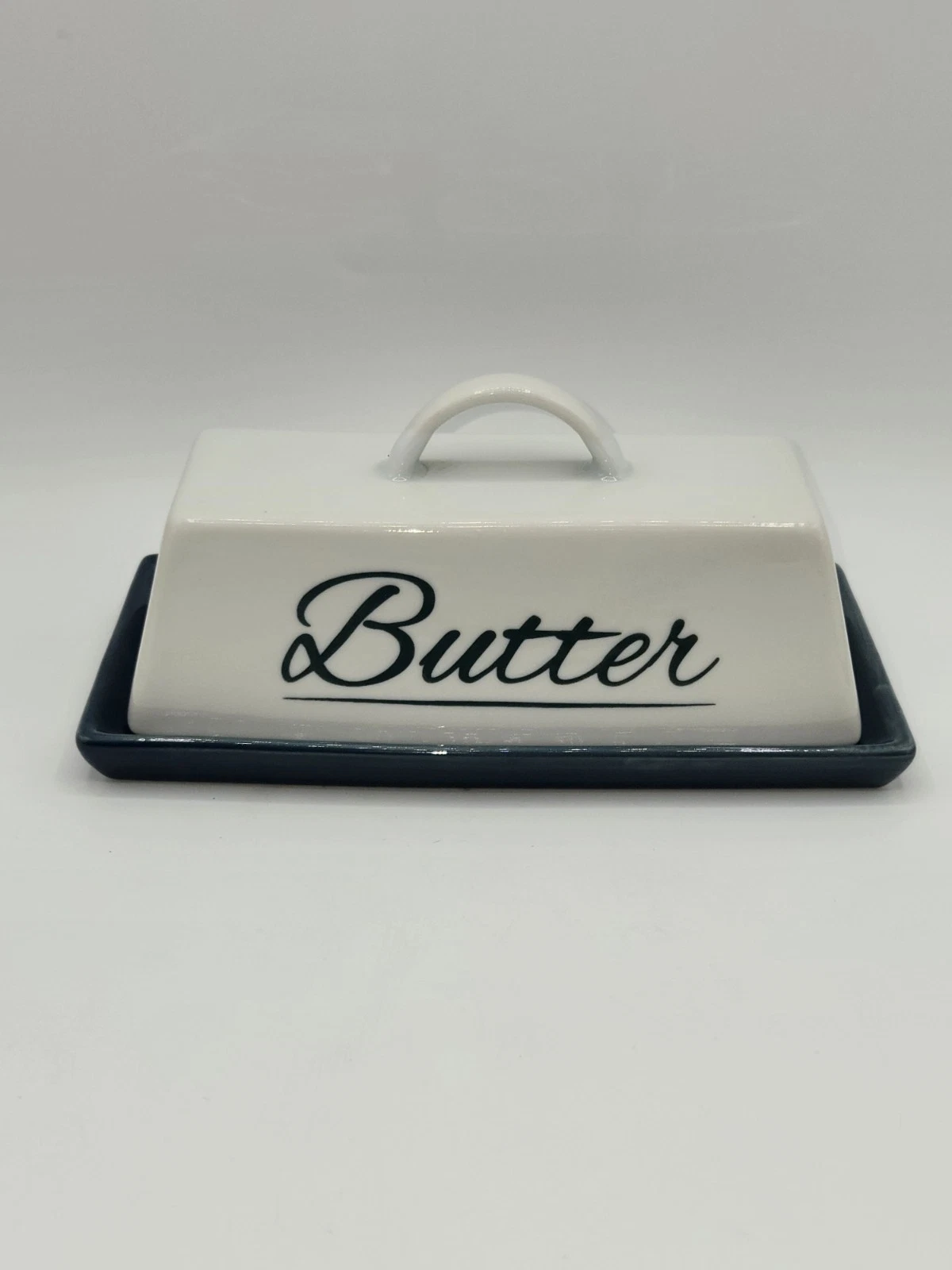 Vintage Ceramic Butter Dish Blue Tray White Lid Script Butter Farmhouse Kitchen