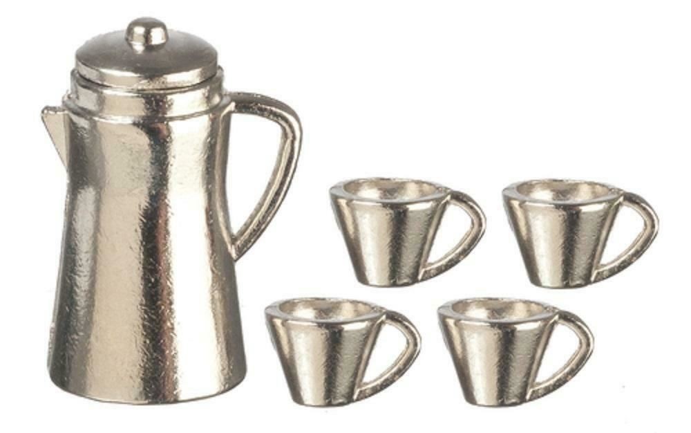 Dolls House Chrome Coffee Pot & Mugs Miniature Kitchen Cafe Dining Accessory