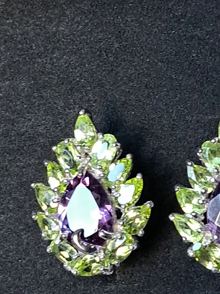 925Silber OHRRINGE Stecker Echte Edelsteine Peridot und Amethyst 14kweißVerg... - Bild 2 von 4
