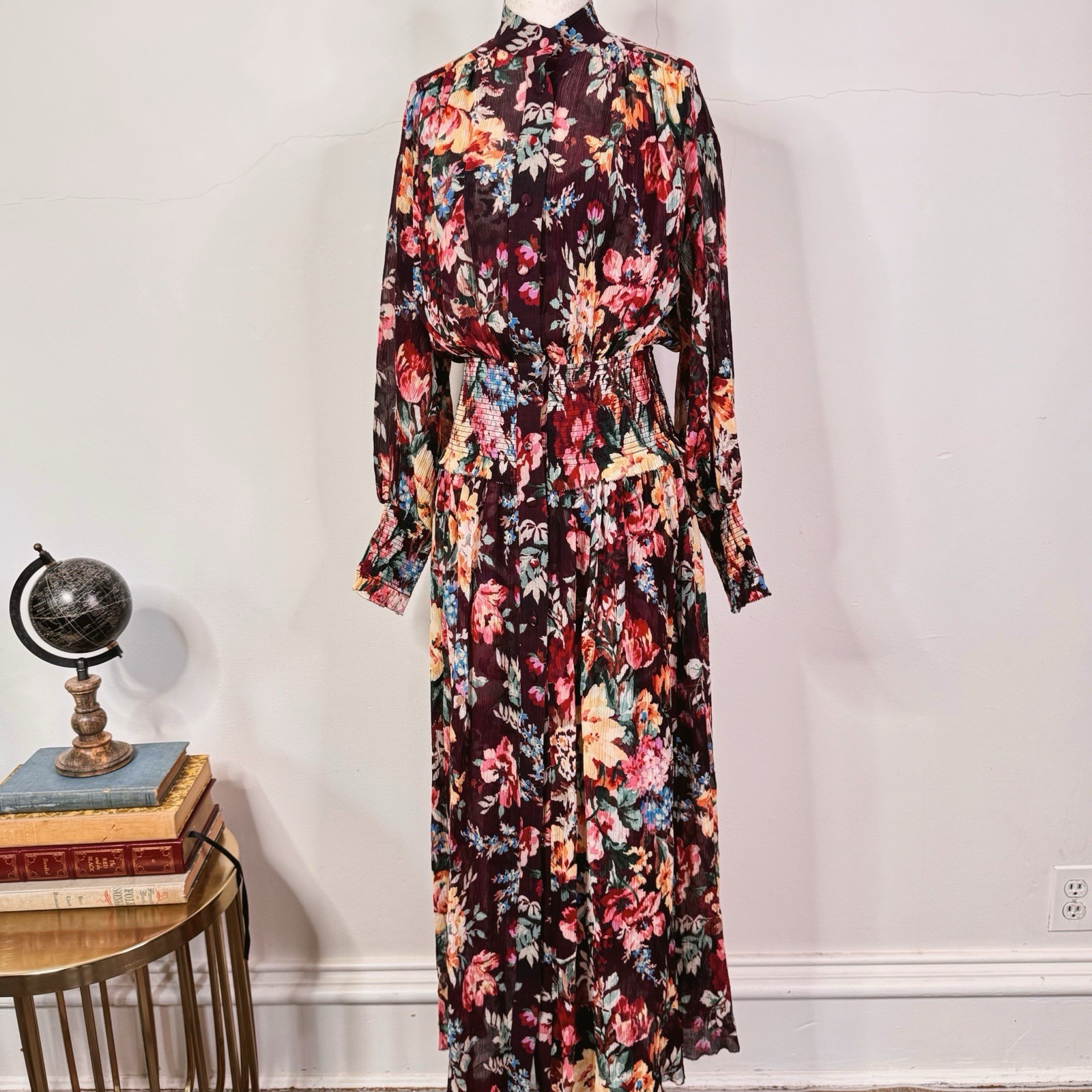 ZIMMERMANN Allia Shirred Long Dress Burgundy Floral Cotton Silk Size 4 / 8 UK 