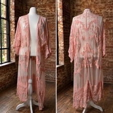 Pink Floral Lace Sheer Kimono Duster Long Cardigan Boho Festival Whimsy Coquette