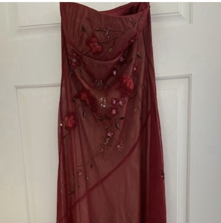 BCBGMAXAZRIA Burgundy Strapless Sheer Floral Mesh Maxi Dress Formal Size 4