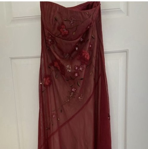 BCBGMAXAZRIA Burgundy Strapless Sheer Floral Mesh Maxi Dress Formal Size 4