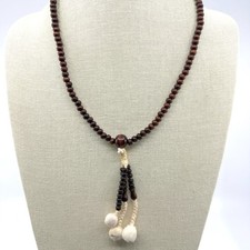 Brown Wood Bead Tassel Necklace Cream Pom Pom Boho Artisan Statement Long