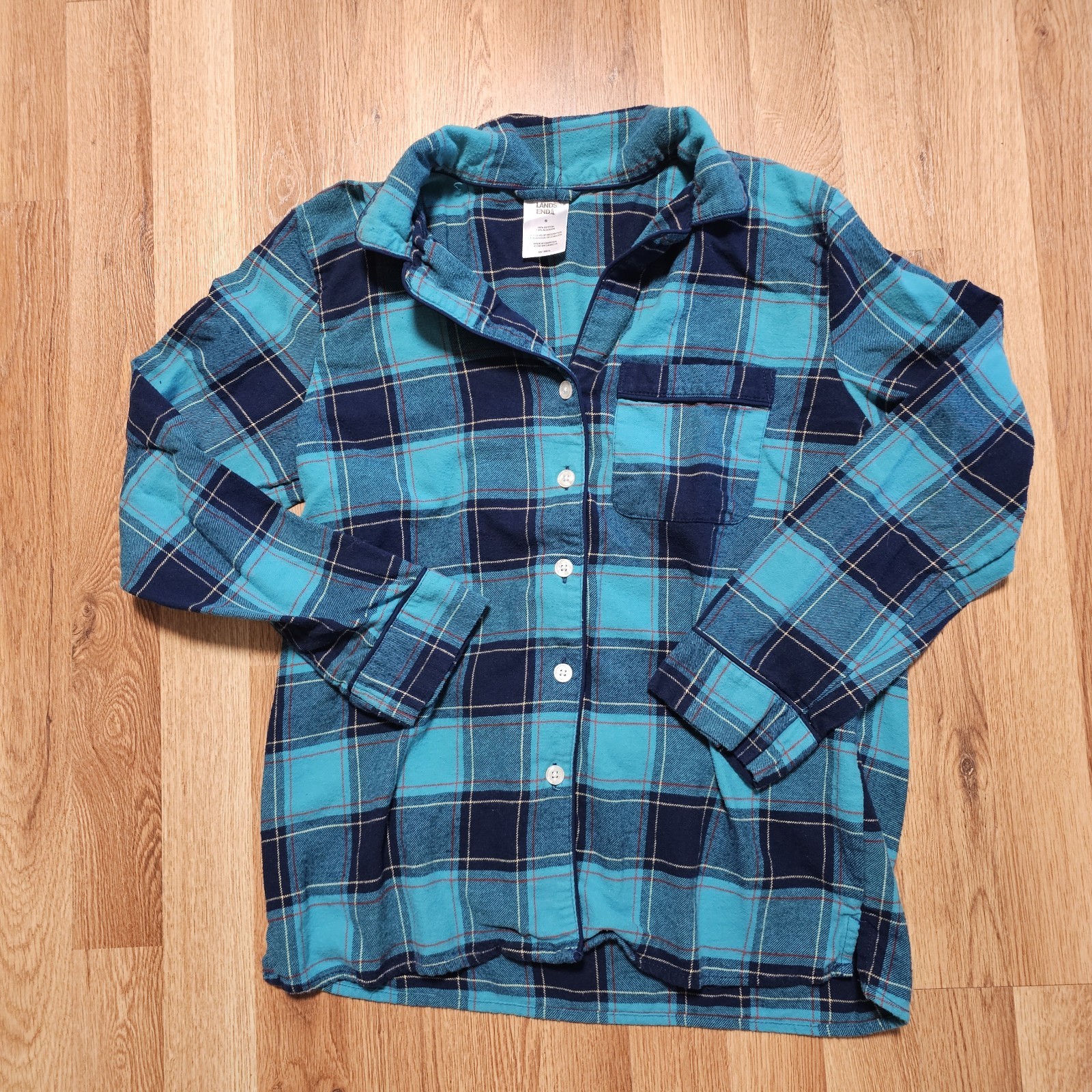 Lands End Womens Top S Long Sleeve Flannel Button Front Cotton Shirt Blue Plaid