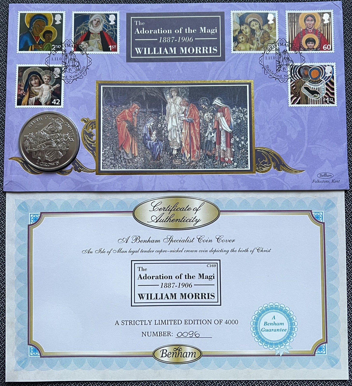 Cubierta de moneda corona Isla de Man 1997 ~ Nacimiento de Jesucristo ~ Adoración de Reyes Magos