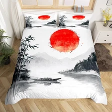 Japanese Ukiyo-Duvet Cover Queen Size, Trees Boat Mountains Bedding Sets for ...