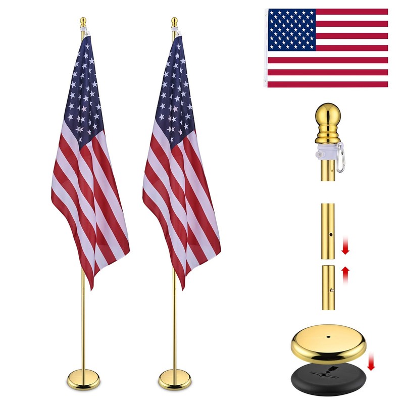 2 Pack 8FT Sectional Indoor Flagpole Kit Gold Ball Base 3x5Ft  US Flag Golden