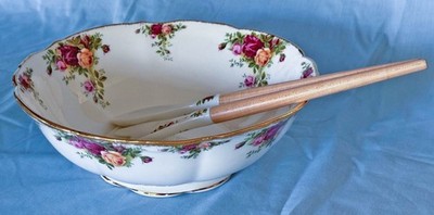 Rare Find! Royal Albert Old Country Roses Salad Bowl W/ Serving Fork & spoon