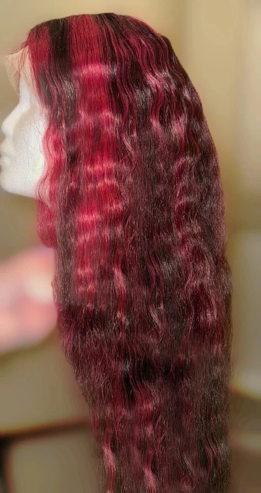 Hermosa y única peluca de cabello humano cosplay/única, 28 pulgadas, roja, rubia, negra, onda corporal, Foto 4 de 4