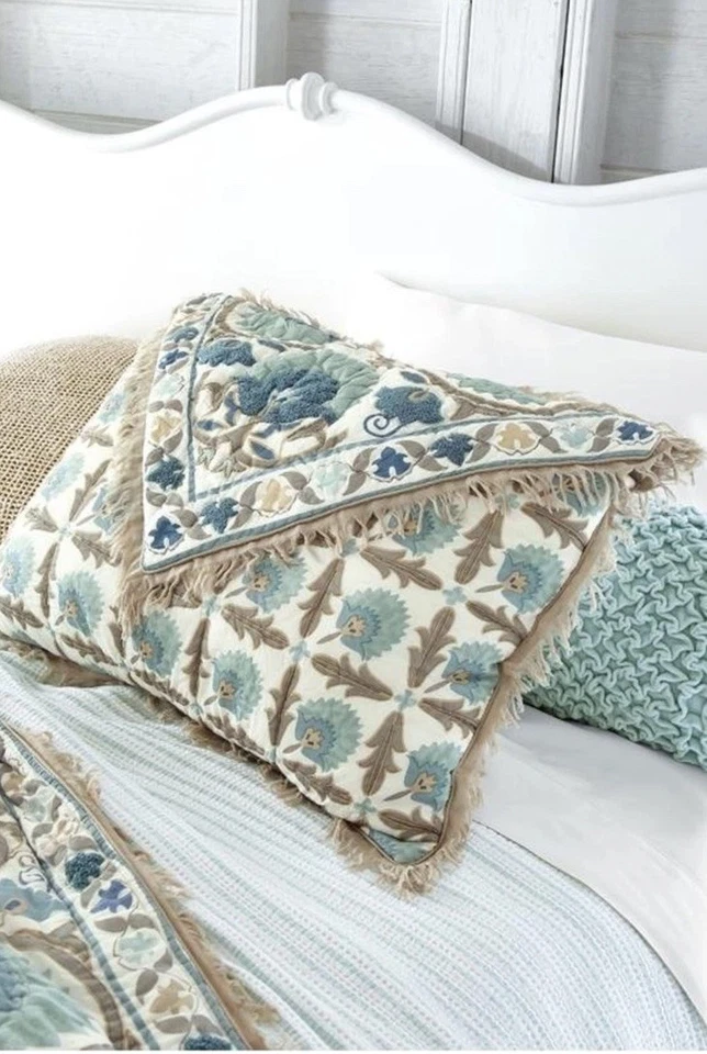 SOFT SURROUNDINGS JARDIN Moroccan Queen Quilt + 2 shams Blue Green Floral - Image 2 of 4