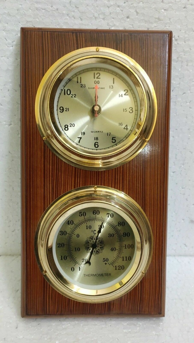 Antique Nautical Clock Wood & Brass Thermometer Weather Station