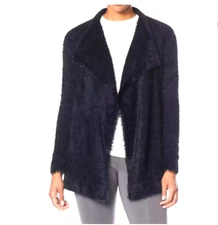 Colleen Lopez Open-Front WATERFALL FUZZY Black Cardigan Jacket w Pockets SIZE L