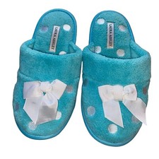 Laura Ashley Slippers Teal Embroidered READ Polka Dots White Bows Size Medium