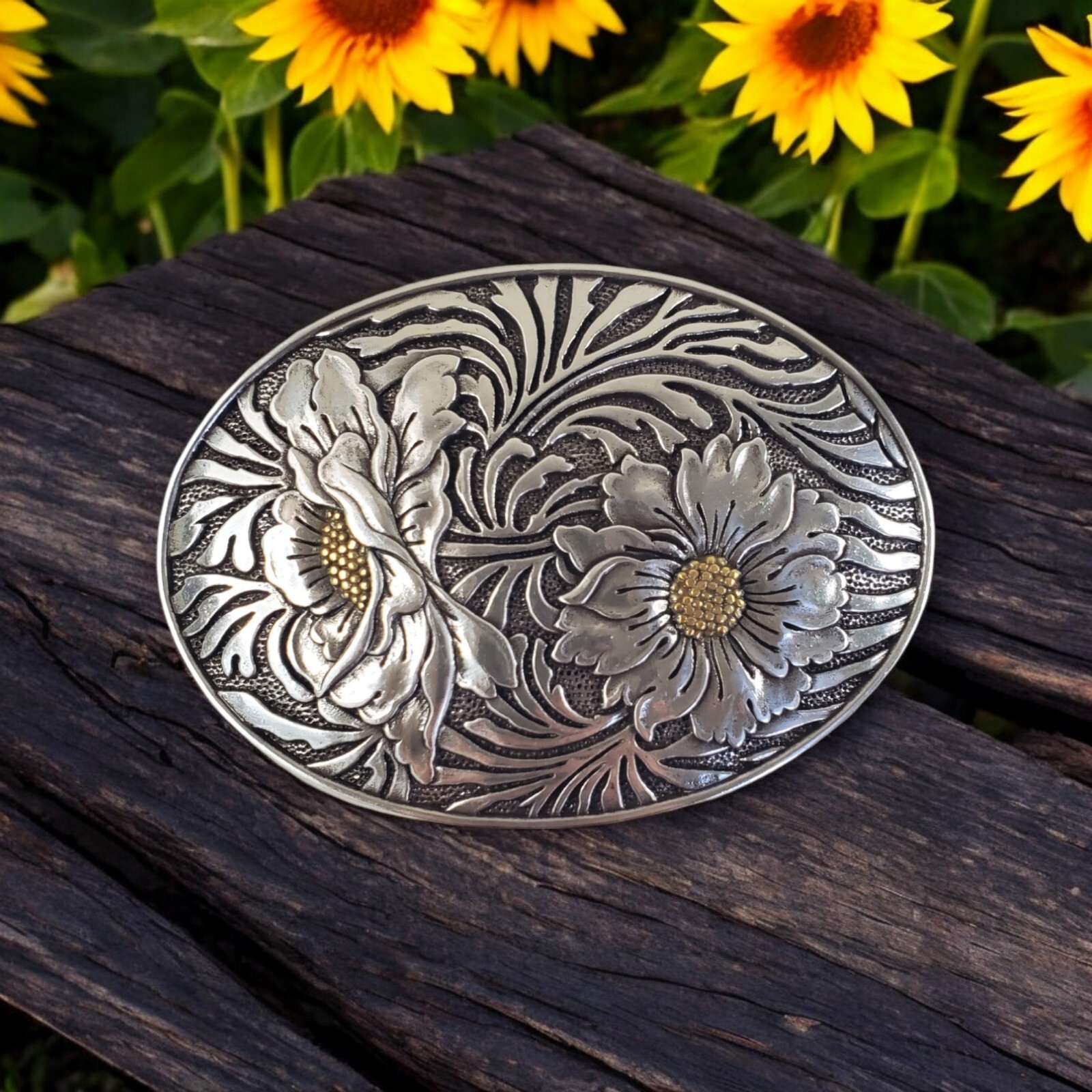 Women's Belt Buckle Oval Flowers Pewter Gold Western Cowgirl