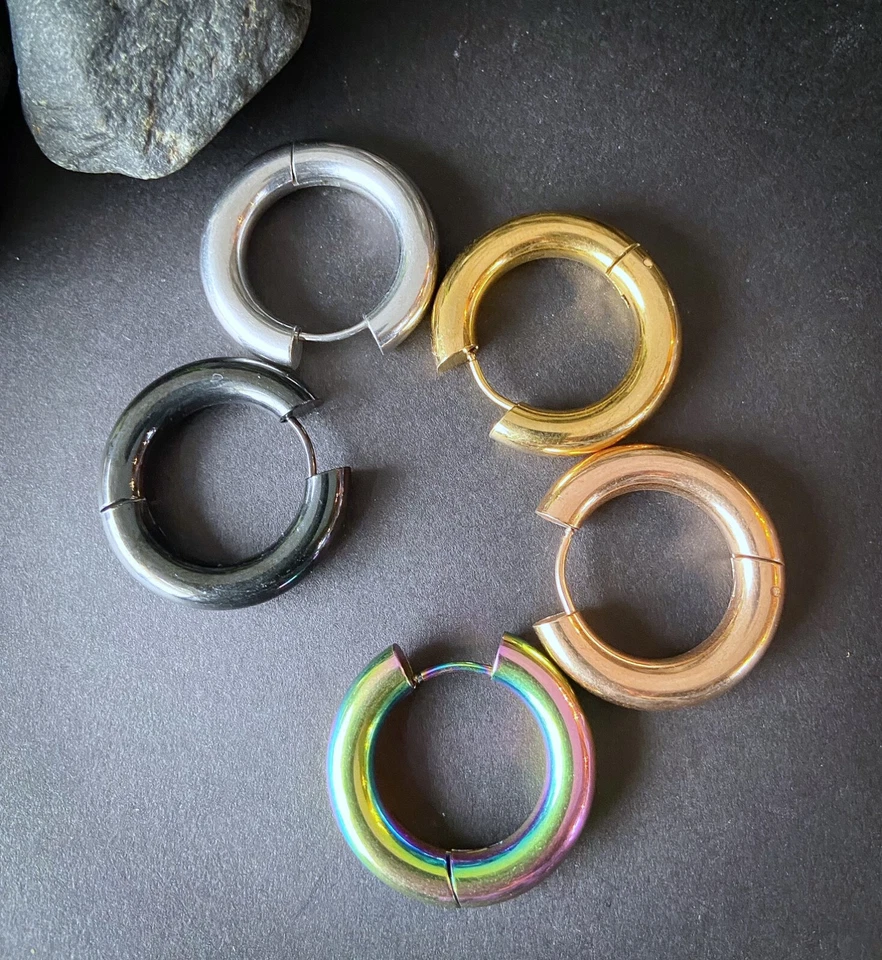 PAR de pendientes de aro gruesos de acero inoxidable con bisagras de 5 mm de ancho 20 g para hombre o mujer Foto 4 de 4
