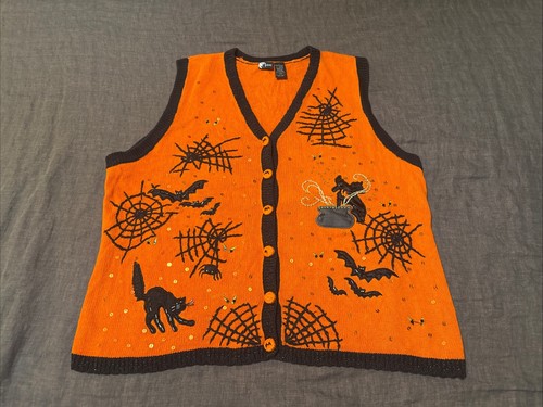 Vintage 90s Halloween Sweater Vest Bats Witch Spider Holiday Editions Size 3XL
