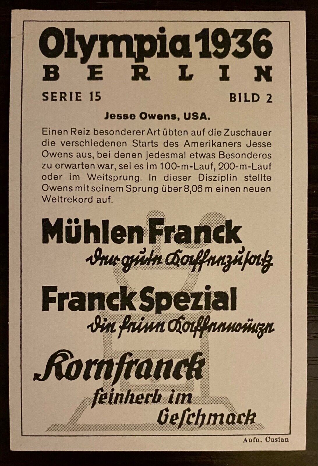 1936 Jesse Owens Long Jump Berlin Olympics Muhlen Franck Card Gold Medal  Record