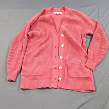 LOFT Women's S Pink Rib-Knit V-Neck Button Front Cardigan Sweater Pockets