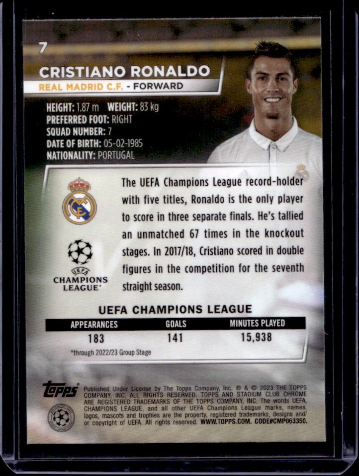 2022-23 Topps Stadium Club Chrome UEFA Cristiano Ronaldo #7 Real Madrid view 2