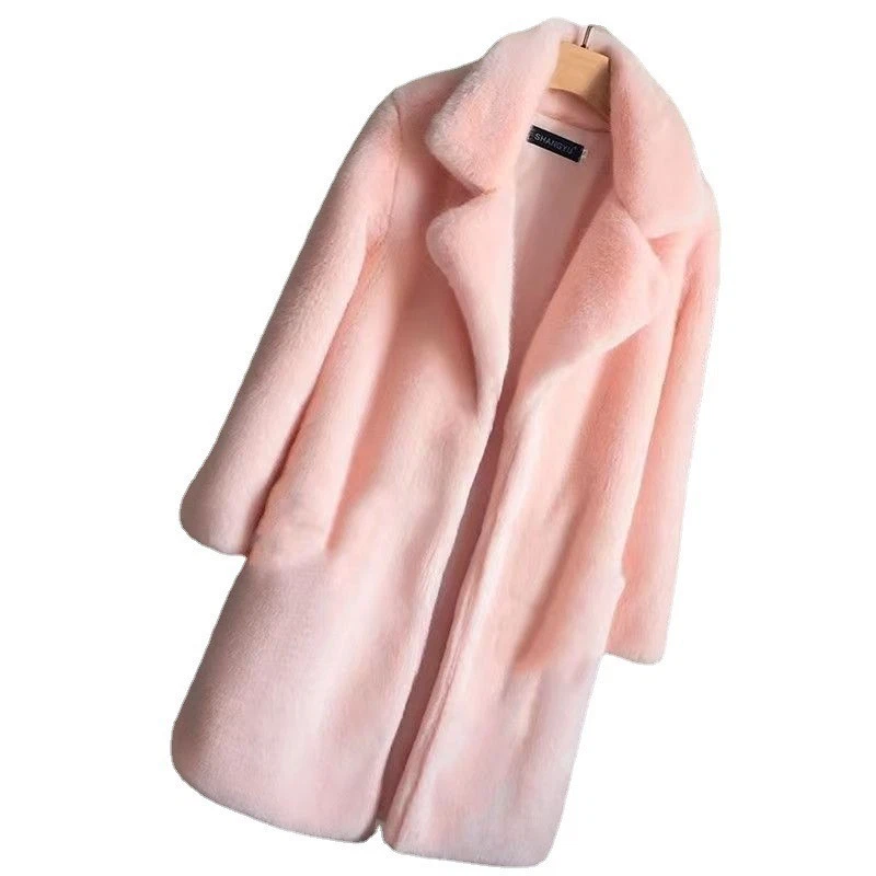 Invierno Mujer Imitación Piel Visón Abrigo Largo Medio Terciopelo Visón Traje Cuello Chaqueta Foto 3 de 4