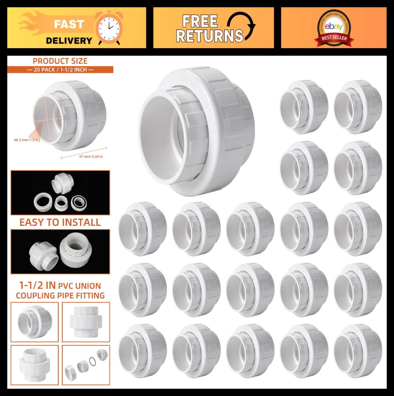 20 Pack 1-1/2" PVC Union Couplings - Socket x Socket Slip Fittings, Schedule 40