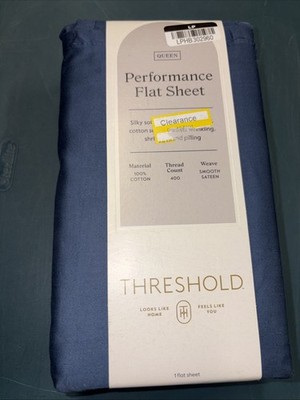 Threshold Performance 100% Cotton Sateen QUEEN Flat Sheet Blue 400 TC Smooth