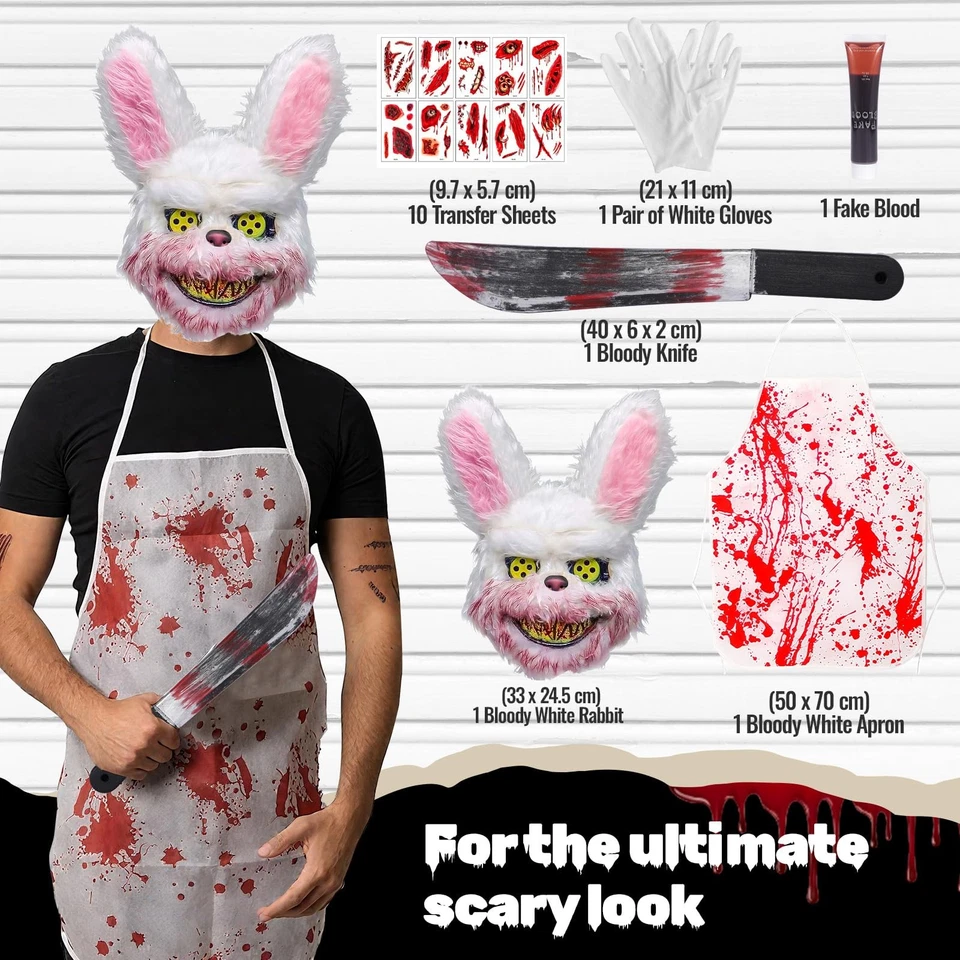 SaiXuan Maschera Coniglio Horror con Accessori Costume Halloween Adulto 6 Pezzi - Immagine 3 di 4